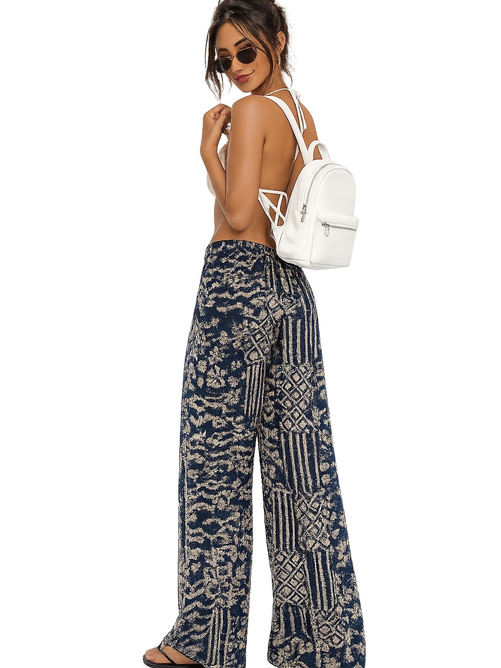Moda Boho Beach Cover Up Pants Navy Tribal Print Wide Leg Resort Swimwear